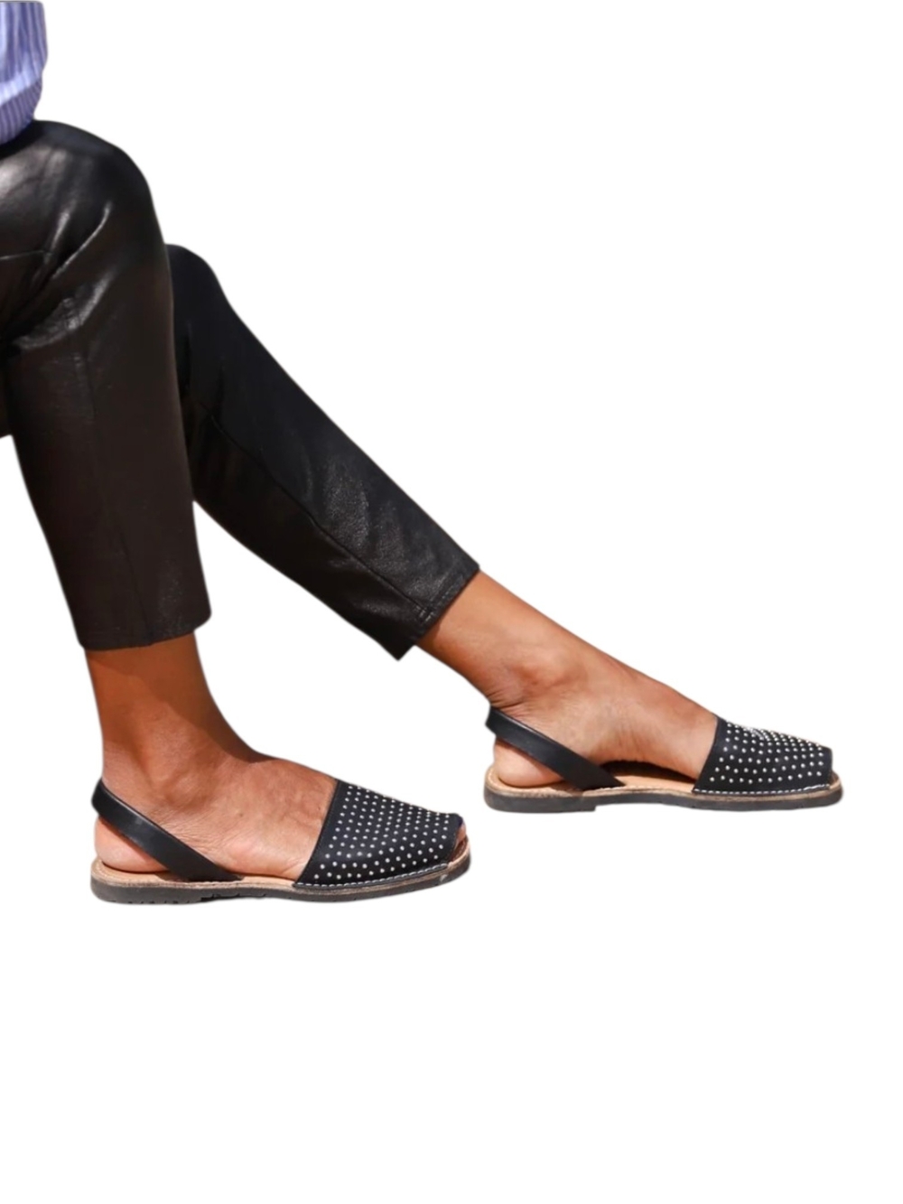 Spanish Sandals Black Leather Studded Avarca Slingback Flats Artisan 39, 8.5/9